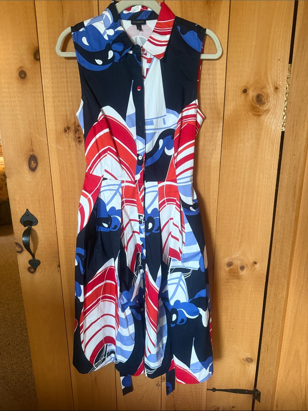 Talbots Navy, Red & White Sleeveless Button-Front Fit-and-Flare Midi Dress